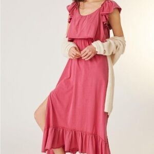 Anthropologie Women Daily Practice Pink Ruffled Midi Dress Size Medium